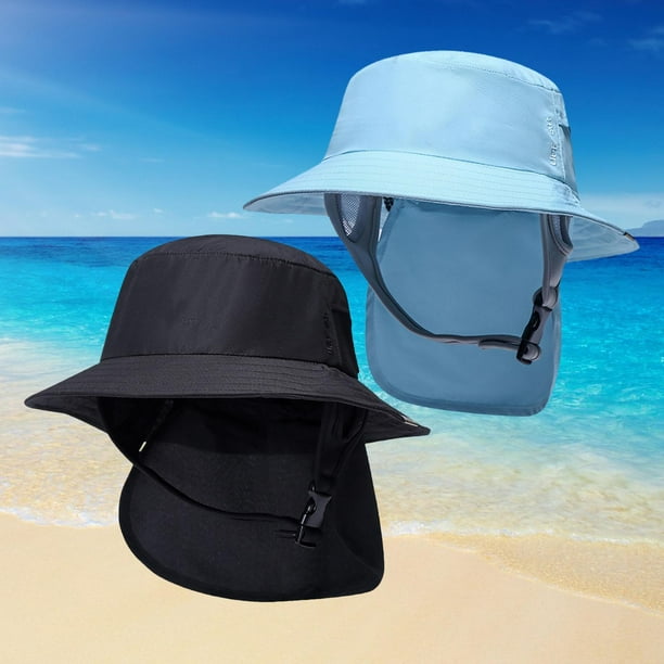 2 Portable Surf Hat with Chin Strap Fishing Hats Neck Protection for  Outdoors, Black and Blue