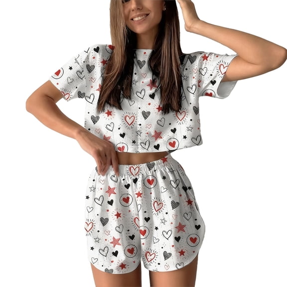 Gkeoshab Valentines Pajamas Women Cute Heart Printed Lightweight Thin Summer Pajamas Cool Breathable Blended Fabric Cropped Length Split Side Two Piece Sleep Lounge Set Black L