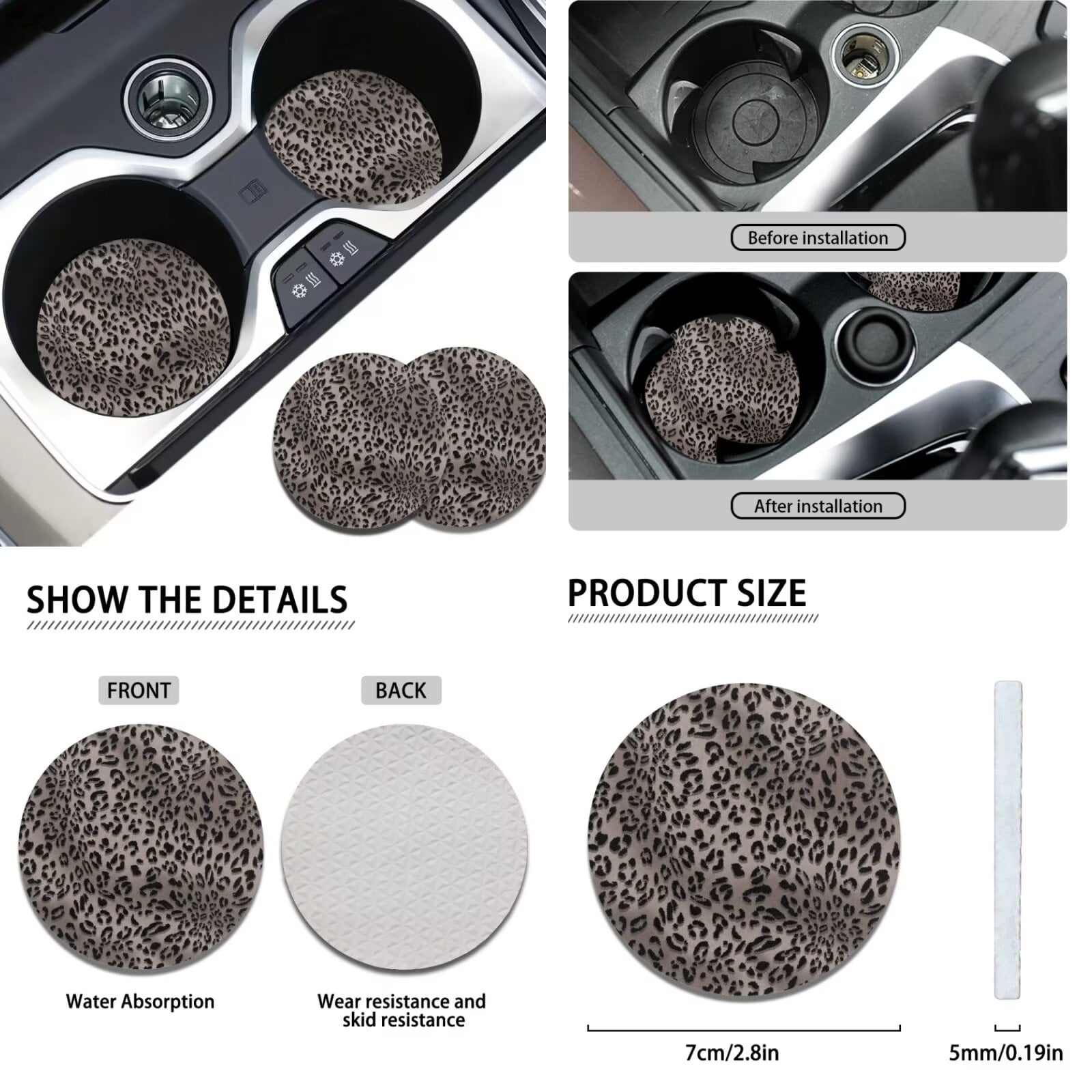 Garronmavis Grey Leopard Car Seat Covers Full Set with Steering Wheel Wrap Gear Shift Cover Handbrake Sleeve Headrest Protectors Cup Coaster Universal Fit for Most Auto Sedan Van Truck