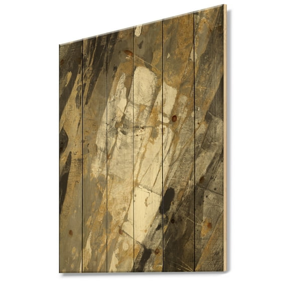 Designart 'Black, Gold and White Hanpainted Abstract' Traditional Print on Natural Pine Wood