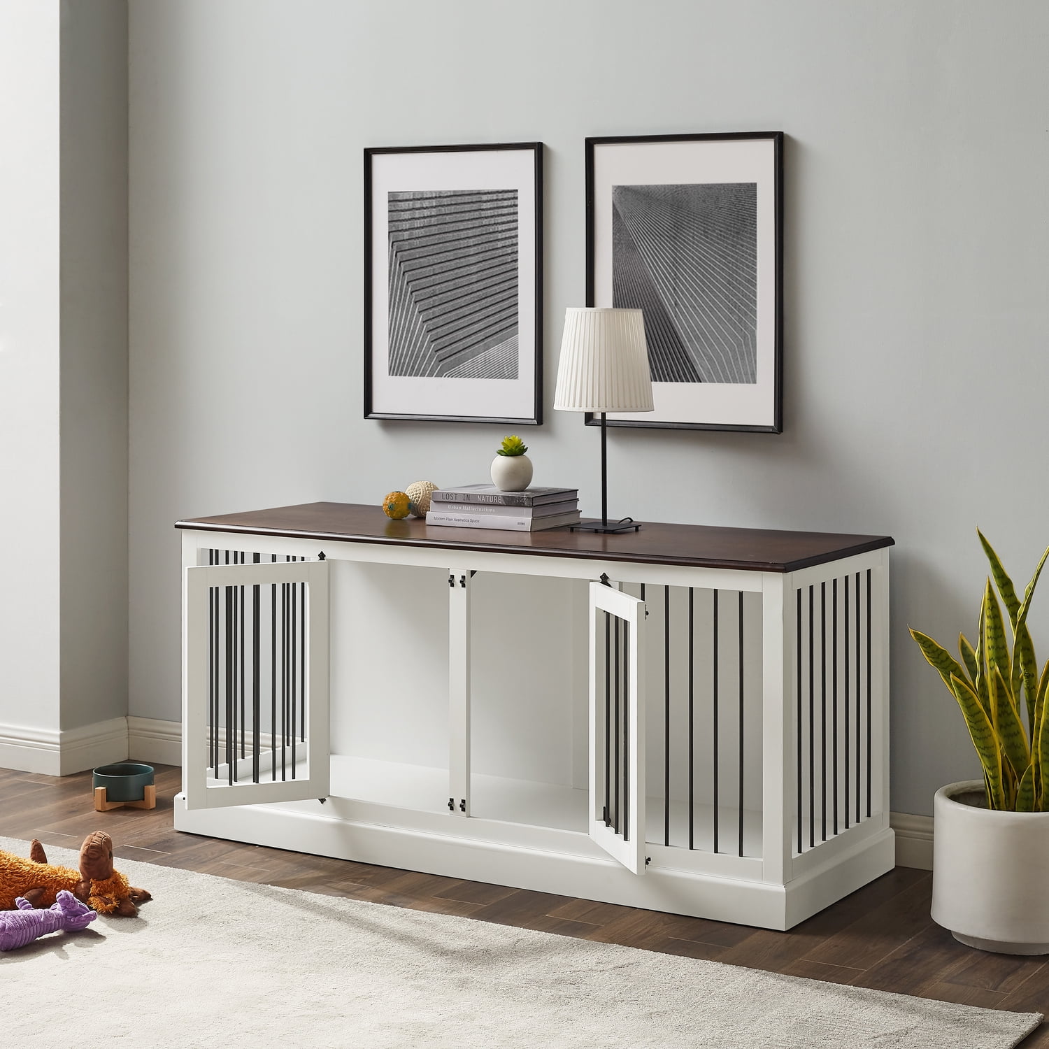 Vintage Pet Crate Credenza - Medium Console Table for Dogs & Cats - Traditional Design - White/Dark Brown