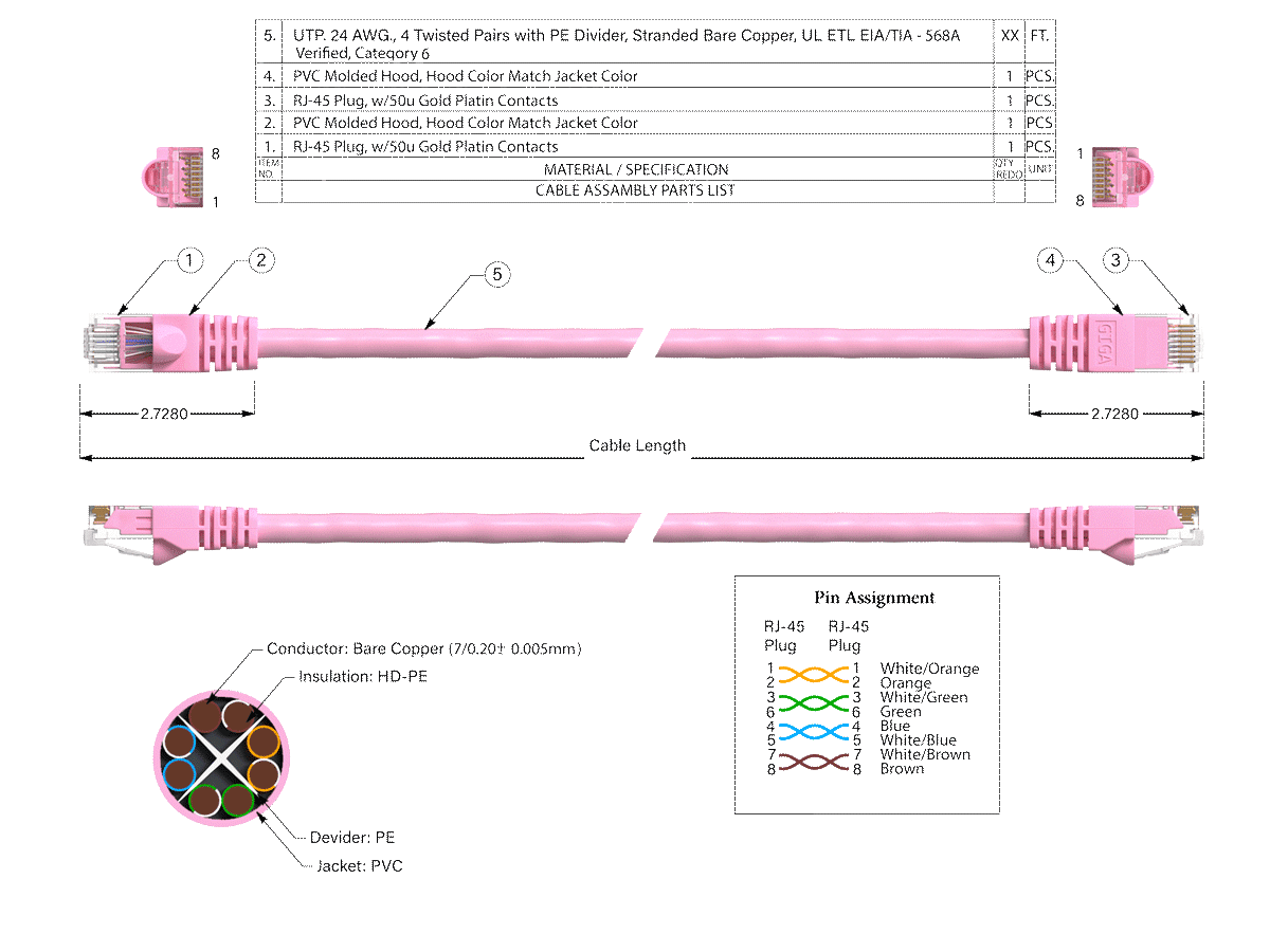 Cable Leader 50ft Cat6 UTP Ethernet Network Patch Cable Snagless 24AWG Bare Copper, Pink