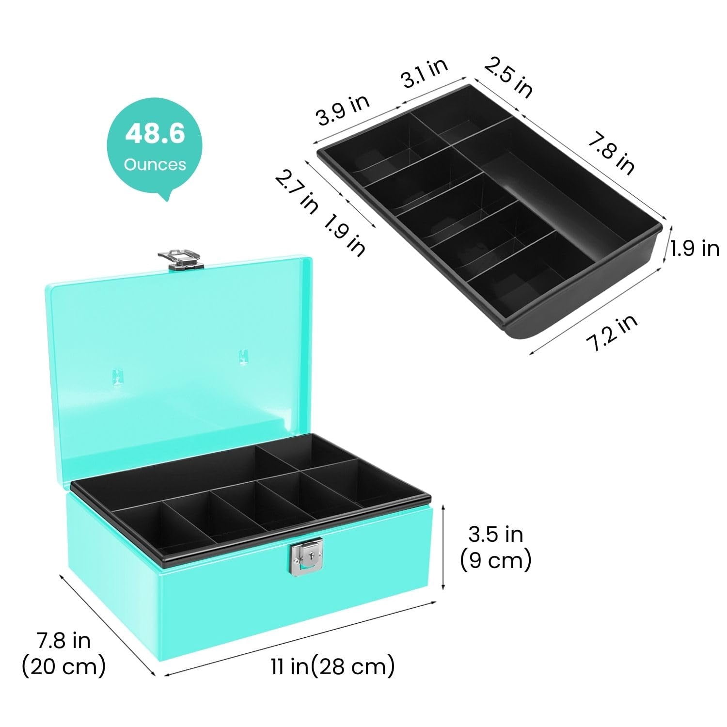 Flexzion Cash Box with Money Tray and Lock - Metal Money Box for Cash Storage with Secure Latch Lock & Key - Blue Petty Cash Box with 7 Compartment Money Tray for Small Businesses, 11x7.7x3.5 Inches