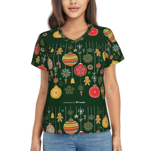 Xecao Christmas for Women's V-Neck T-Shirts-Elegant Half-Sleeve Tops Perfect for Summer-Small