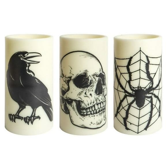 6Inch Printed Flameless Candles Halloween Candles, Battery Operated LED Pillar Candle with Remote Timer, Ideal for Halloween Home Decor, Sets of 3