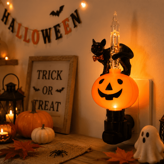 Halloween Pumpkin Jack O' Lantern & Black Cat Bubble Night Light | Bubbling Glitter Bulb | Bright Orange Pumpkin Fall Seasonal Light Decoration