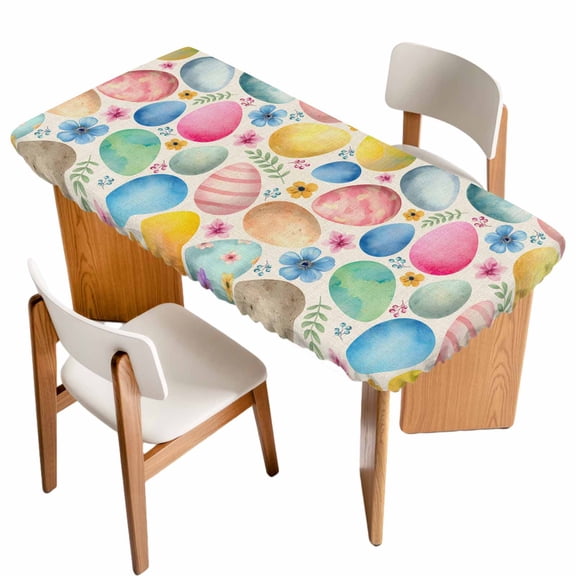 Easter Table Cloths for 6 Foot Rectangle Tables, Spring Colorful Eggs Flower Leaf Plant Beige Patio Waterproof Elastic Fitted Tablecloths, Washable Rectangular Table Cover for Camping