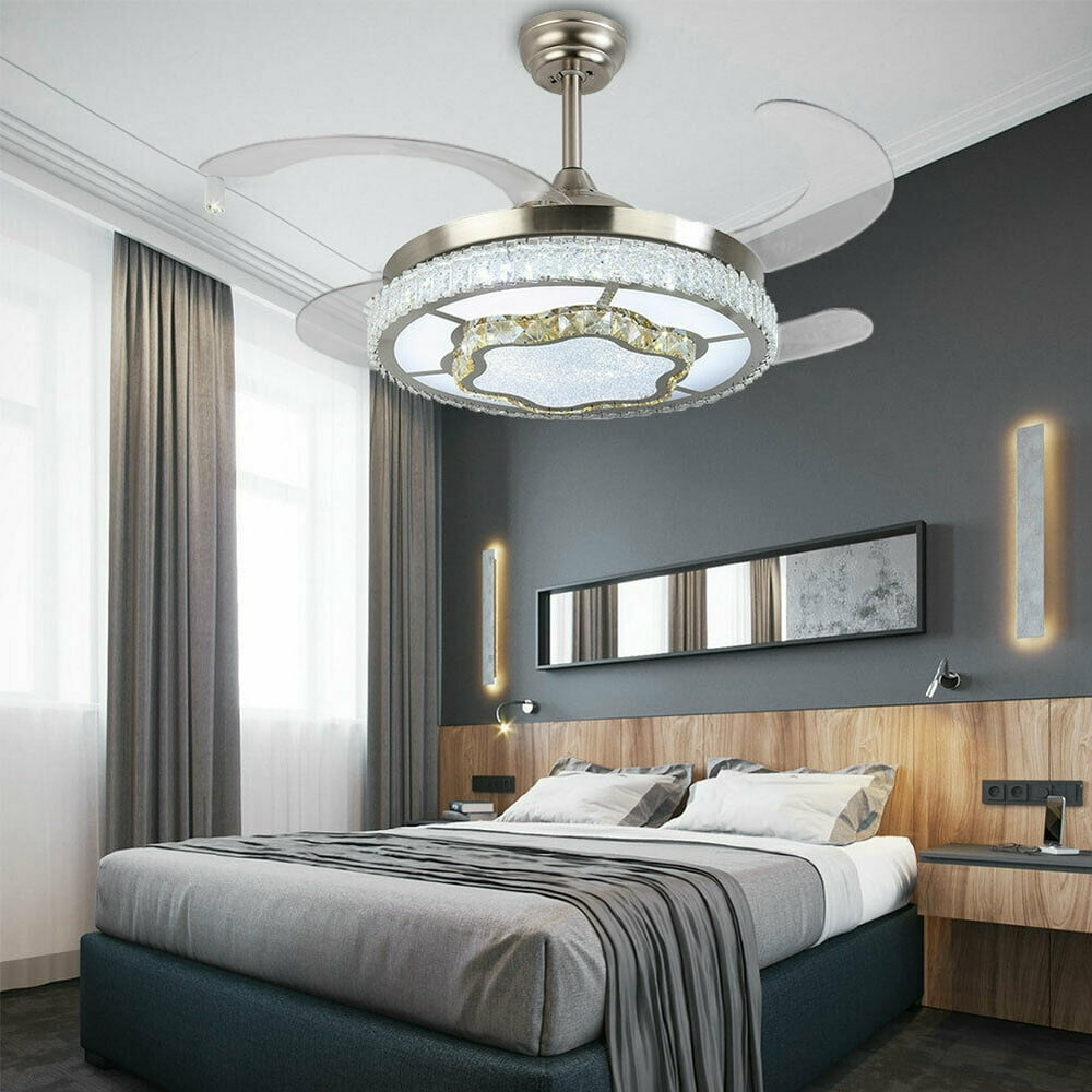 Ceiling Fans Light Fandelier Crystal Retractable Remote Invisible LED