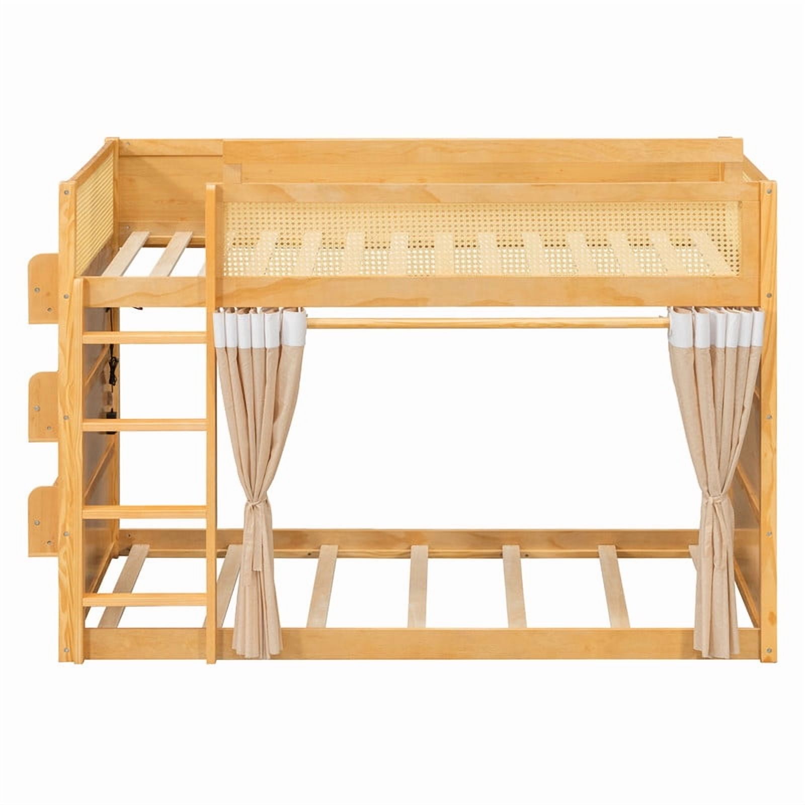 Twin-Over-Twin Bunk Bed with Bedside 3-Tier Storage Bookshelf, Teens/Kids Rattan Guardrail Bed Frame with Curtain & Light