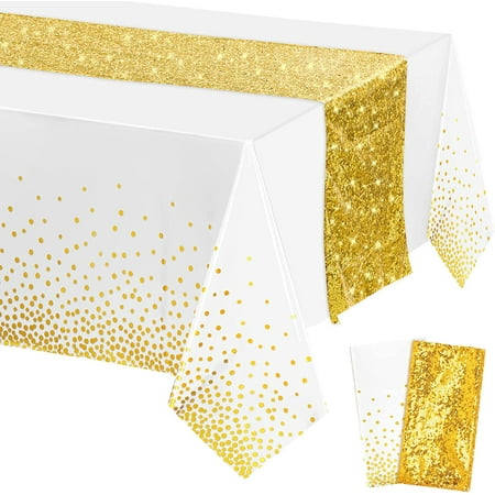 

Tablecloth and Sequin Table Runner Set Dots Table Cover Dining Rectangle Disposable Plastic Table Glitter Decorations for Birthday Wedding Anniversary Party Supplies