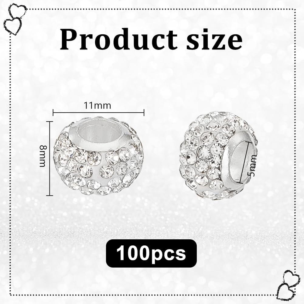 PH 100pcs European Beads Clay Beads with Rhinestones Large Hole Spacer Beads Lucky Beads for Bracelet Jewelry Making Big Hole Polymer Craft Beads for Beaded Pens 11x8mm Hole: 5mm colorful