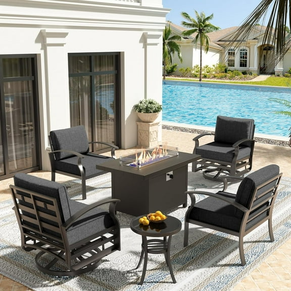 Gotland 6 Aluminum Patio Outdoor Conversation Sets with Chairs and Table, Gray/Black