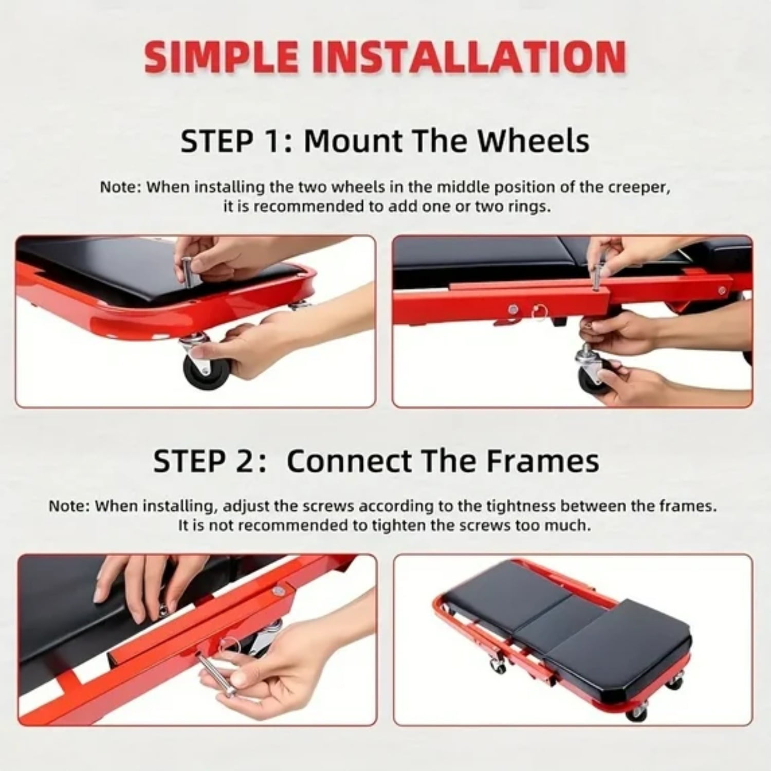 InBrave  36" 2-in-1 Folding Creeper and Seat, Triplex Foldable Mechanic's Creeper with 6 Swivel Casters, Low Profile Garage Stool, 330 lbs Capacity (Red)