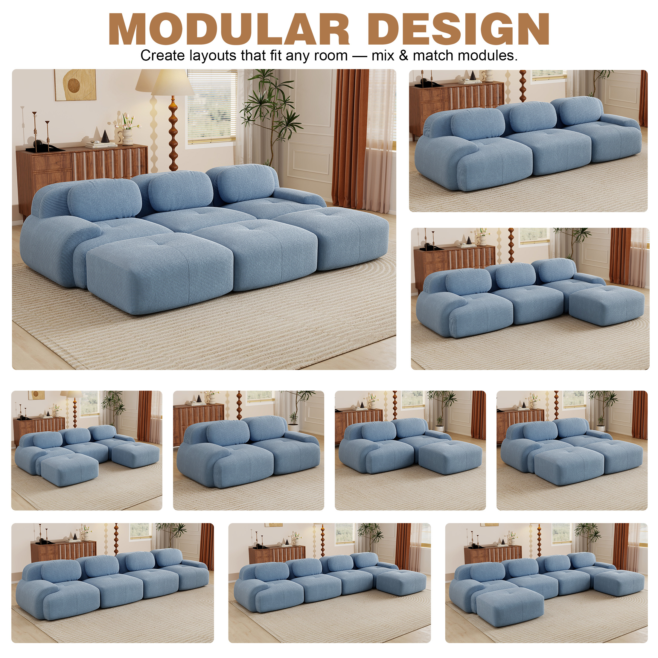 Aukfa 118" Modular Sectional Sofa w/ Ottoman, Oversized Living Room Couch, Corduroy, No Assembly, Blue