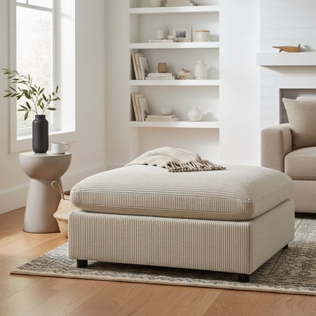 LiviNest Chelsea Ottoman for Living Room: 40x40 Inch Square Footstool with No-Sag Springs - Machine Washable Corduroy Cover & Down Blend Cushion for Family & Pet Owners - Beige Casual Accent