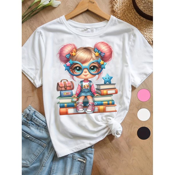 Back to School Cute Cartoon Girl Printed T-shir Girl 1pc Girls Cotton T-Shirt Soft Breathable Loose Fit Crew Neck | Comfortable Breathable and Soft Casual Short Sleeve T-Shirt