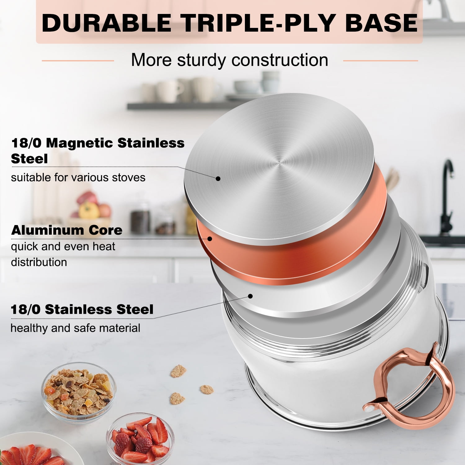 Walchoice 13-Piece Stainless Steel Pots and Pans Set, Kitchen Cookware Set with Glass Lid for Cooking, Induction & Dishwasher Safe, Copper