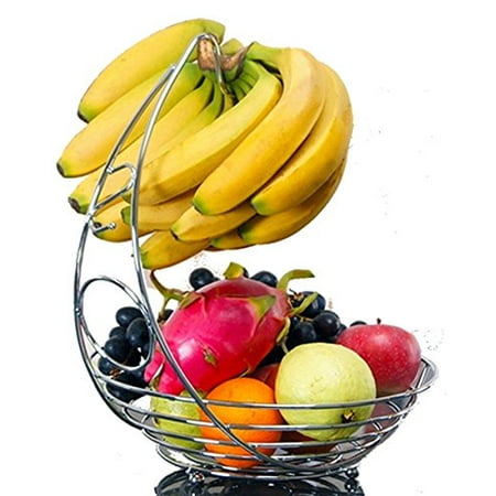- Quality Fruit Basket with Banana Hanger Metal Countertop Baskets Tabletop Heavy Duty Iron Produce Stand Storage Holder Premium Grapes Hanging Hook Rack Chrome