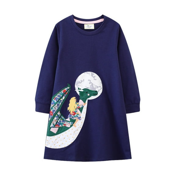 Girls Dinosaur Moon Cute Print Dresses Longsleeve Cartoon Dress Striped Casual T Shirt Girls Long Party Dress