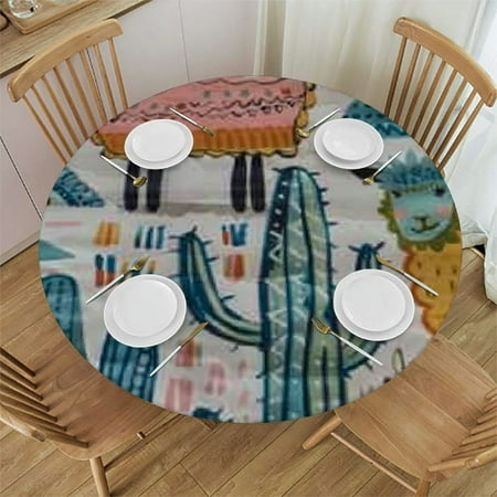 

Qlo0ole Tropical Cactus Animal Lama Print Polyester Round Washable Wipeable Reusable Elastic Tablecloth 38-42