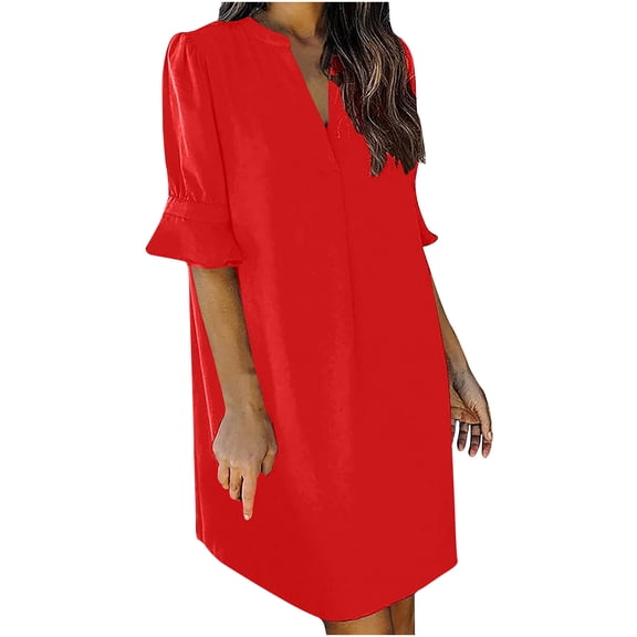 DISKEBUISS Women's Summer Dresses Elegant V Neck Ruffle Short Sleeve Dress for Daily Casual Cloths
