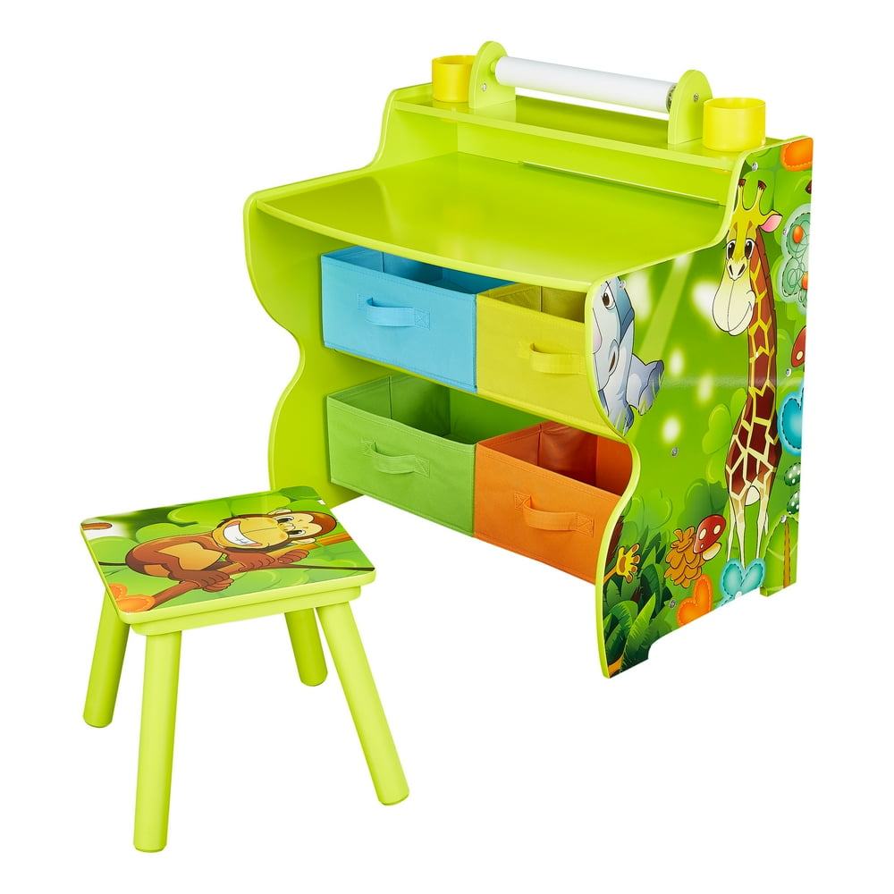Senda Jungle Kids Writing Desk and Chair set with 4 Storage Bins,green