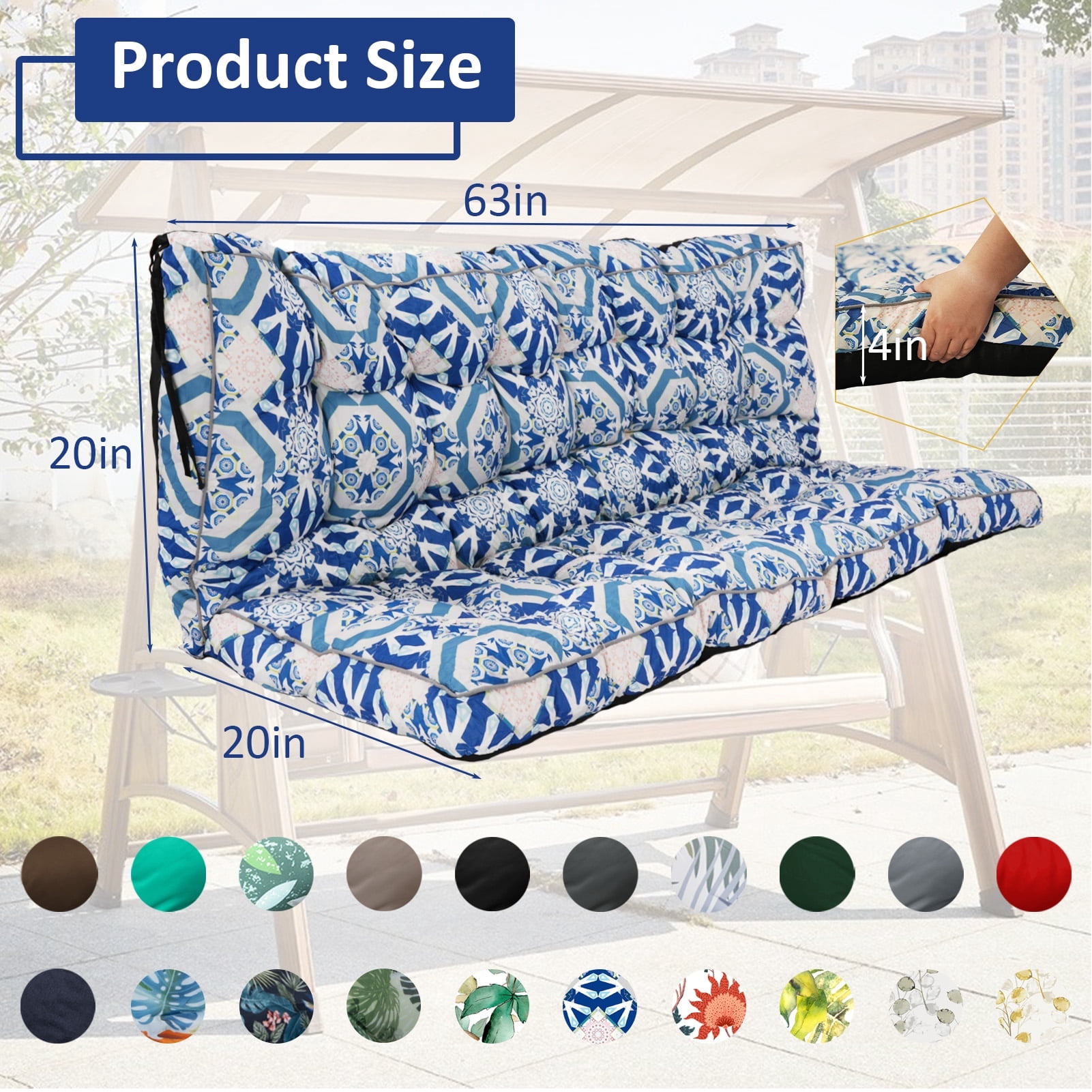 Porch Swing Cushion Thicken 4", 63" Swing Cushions 2-3 Seater Replacement, Waterproof Bench Cushions with Backrest, Anti-Fading Patio Swing Chair Pads for Outdoor Garden Furniture
