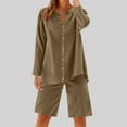 thumbnail image 2 of UAMVSH Women Button down Two Piece Sets Plus Size Cotton Linen Long Sleeve Shirts and Drawstring Bermuda Shorts Beach Outfits(4X-Large,Khaki), 2 of 7