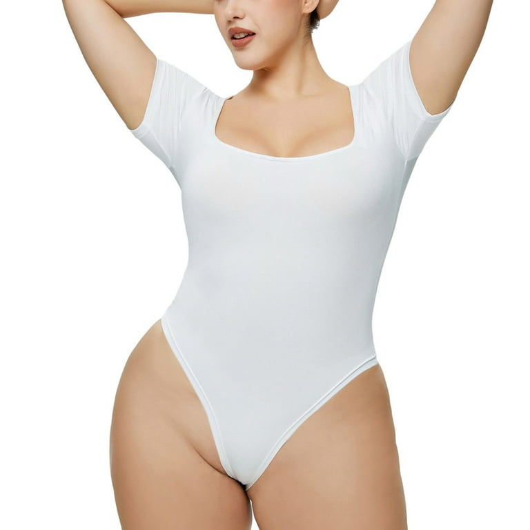 Baywell Bodysuit for Women Square Neck Short Sleeve Tops Jumpsuit Tummy  Control Seamless Thong Tops