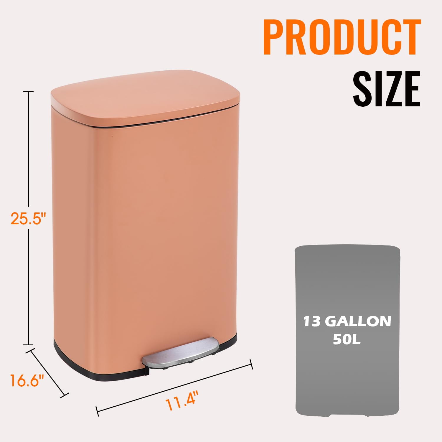 FDW 13 Gallon Stainless Steel Step Kitchen Trash Can with Lid, Fingerprint-Proof for Indoor(Pink)