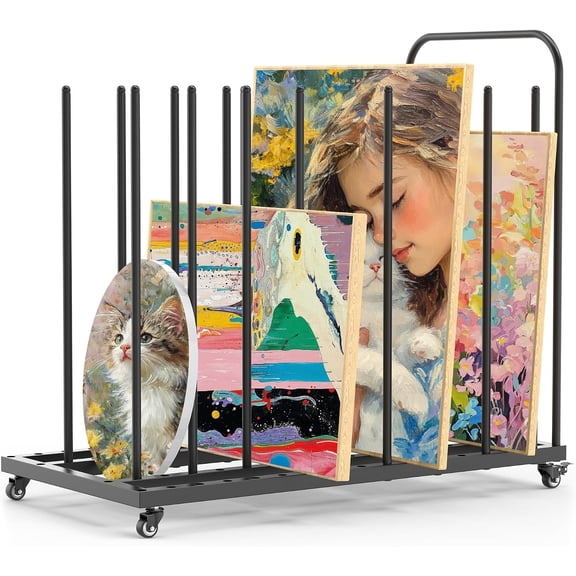 MOOFI Art Storage Rack with Wheels and Curved Handle, Metal Canvas Storage Organizer for Paintings, Panels, Frames, Posters and Prints, Rolling Artwork Drying Rack for Studio Classroom, Black