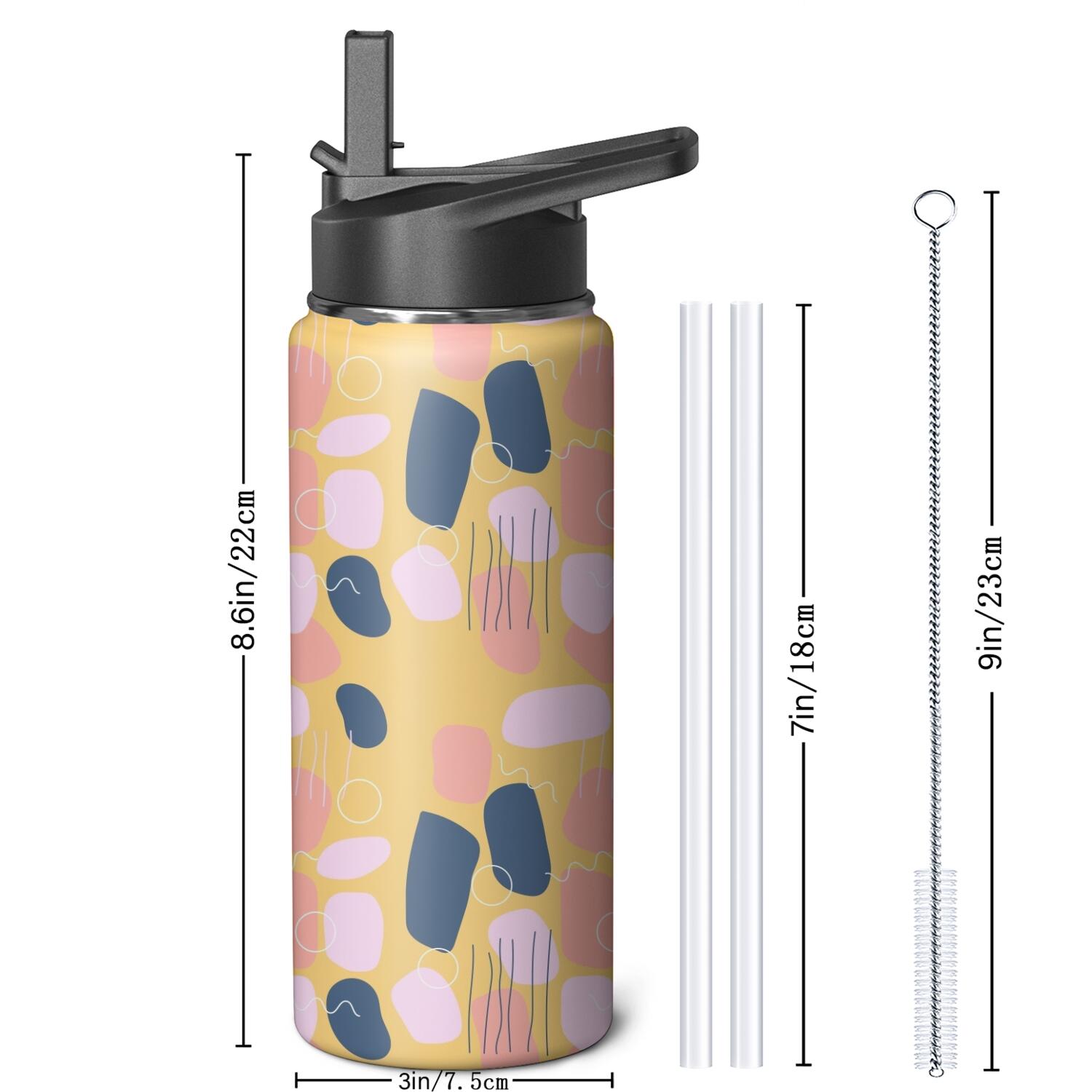 Modern 18 oz Insulated Stainless Steel Water Bottle with Straw & Cleaning Brush , Leakproof, BPA-Free, 304 Stainless Steel, Wide Mouth, Travel Mug for Car, Gym, Office