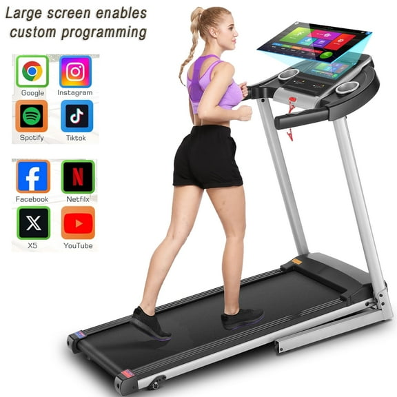 Simpfree Treadmill with 10" HD TV Movie Touchscreen and 3D Virtual Sports Scene, 0.5-9.0 mph/h & 3.25HP Electric Treadmill with Incline for Home