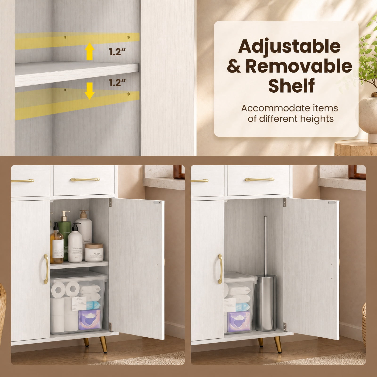Vebreda Freestanding Bathroom Storage Cabinet, Bathroom Storage Cabinet Freestanding Floor Cabinet with 2 Drawers, Complement Various Rooms