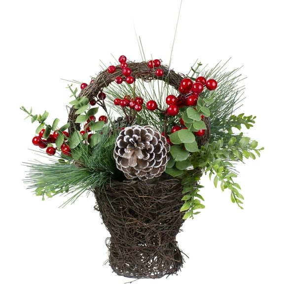 Northlight 15" Eucalyptus Pine and Berry Artificial Christmas Grapevine Basket - 15