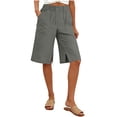 thumbnail image 2 of Yeaiivve Women Linen Bermuda Shorts Side Slit Pull On Shorts High Waist Wide Leg Beach Resort Pants Baggy Five-Point Casual Pants with Pockets Gray,L, 2 of 6