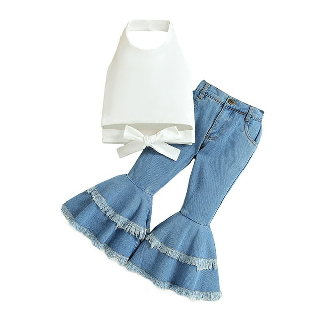 Plebaso Baby Girls Two-Piece Sets Sleeveless Round Neck Tops Flared Denim Pants Kids Summer Clothes