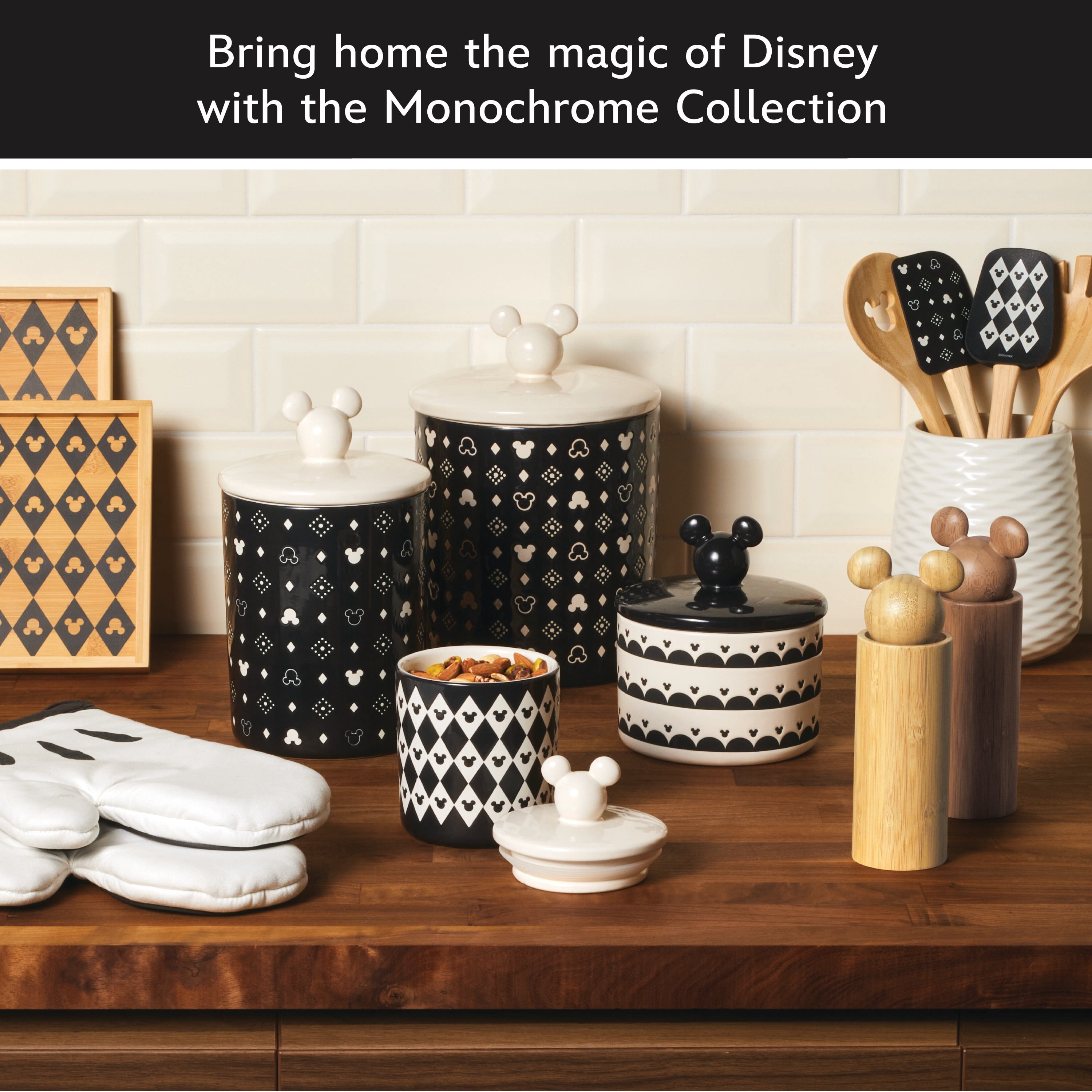 Disney Home Monochrome 12.8 Cup Extra Large Ceramic Canister and Lid with a geometric pattern featuring Mickey’s iconic silhouette, Black