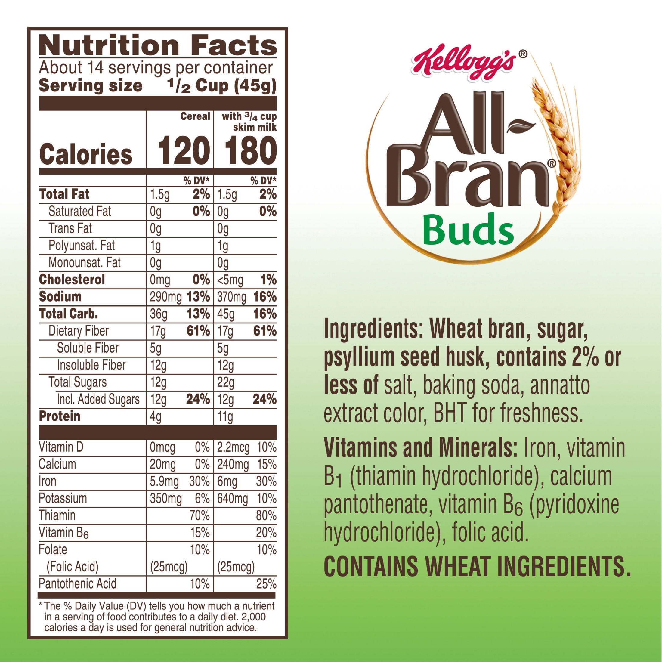 Kellogg's All-Bran Buds Original Breakfast Cereal, High Fiber, 22  oz