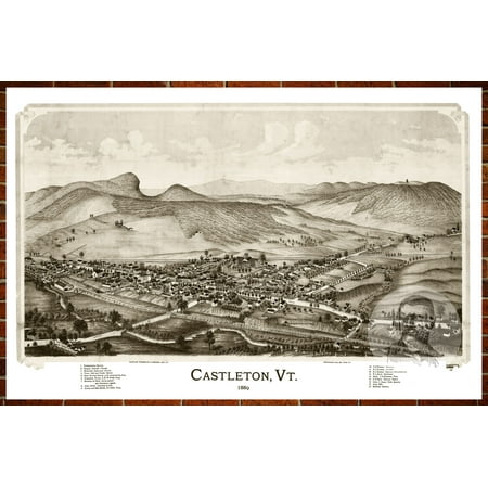 Ted's Vintage Art Map of Castleton, VT 1886; Old Vermont Decor 24
