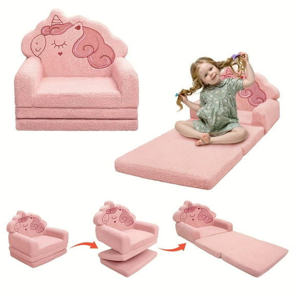 Kids Sofa, 2in 1 Convertible Couch to Lounger Fold Out, Soft Toddler Chairs  with With Cute Unicorn Design, No Assembly Required with Extra Wide