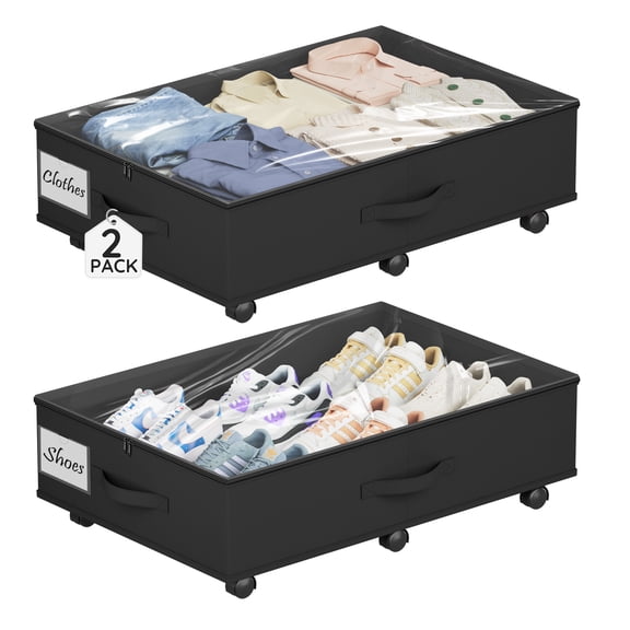 Under Bed Storage with Wheels, 2 Pack Foldable Rolling Underbed Drawers Organizer with Clear Zippered Lid & Handles, Under Couch/Crib Shoes, Clothes, Toy Storage Containers , Black