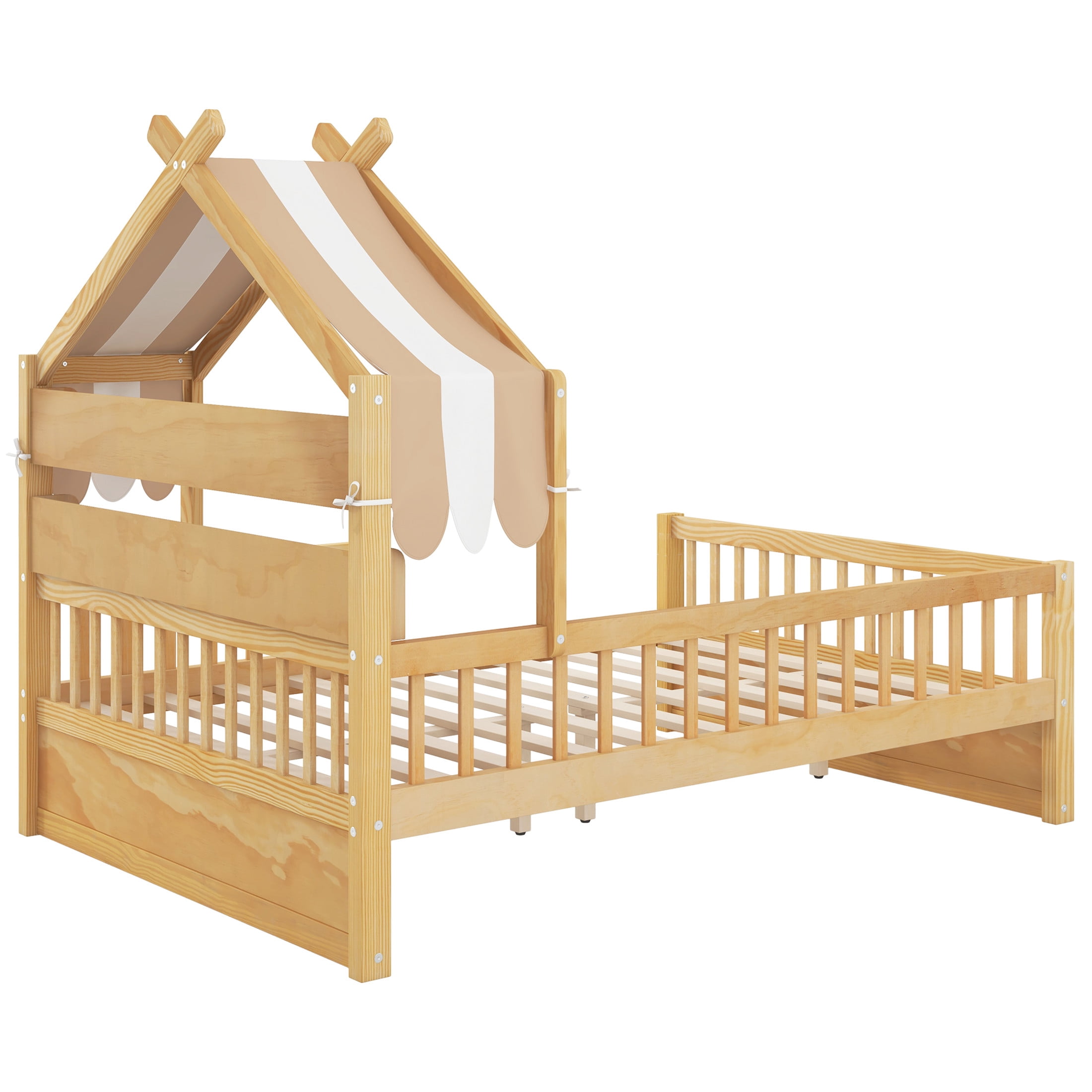 Noble House Twin Size Wooden House Bed with Storage Headboard Shelf and Fabric Canopy, Playful Kid Rooms, Natural