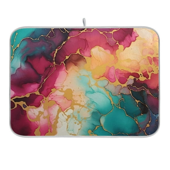 Teal Magenta Marble Dish Drying Mat for Kitchen Counter 16x18 In Absorbent Microfiber Reversible Mats Dish Drainer Protector Rack Pad for Coffee Bar Table