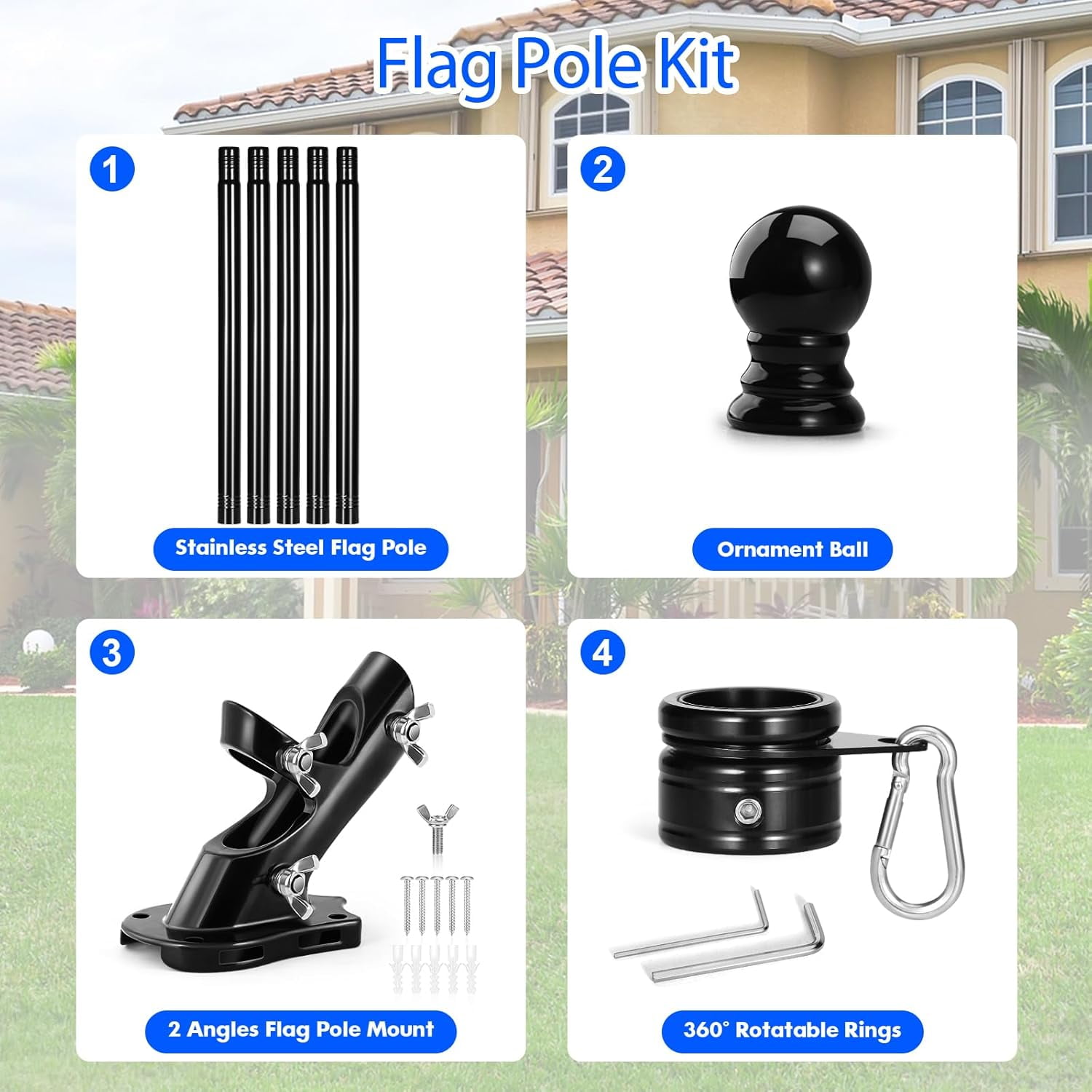 Flag Pole Kit- Stainless Steel 5 FT Flag Poles with1 Inch Metal 360° Rotating Flag Pole Rings Clip, Two-Position Flag Pole Holder Brackets Mounting for Outside House Outdoor Porch(5 FT - Sliver)