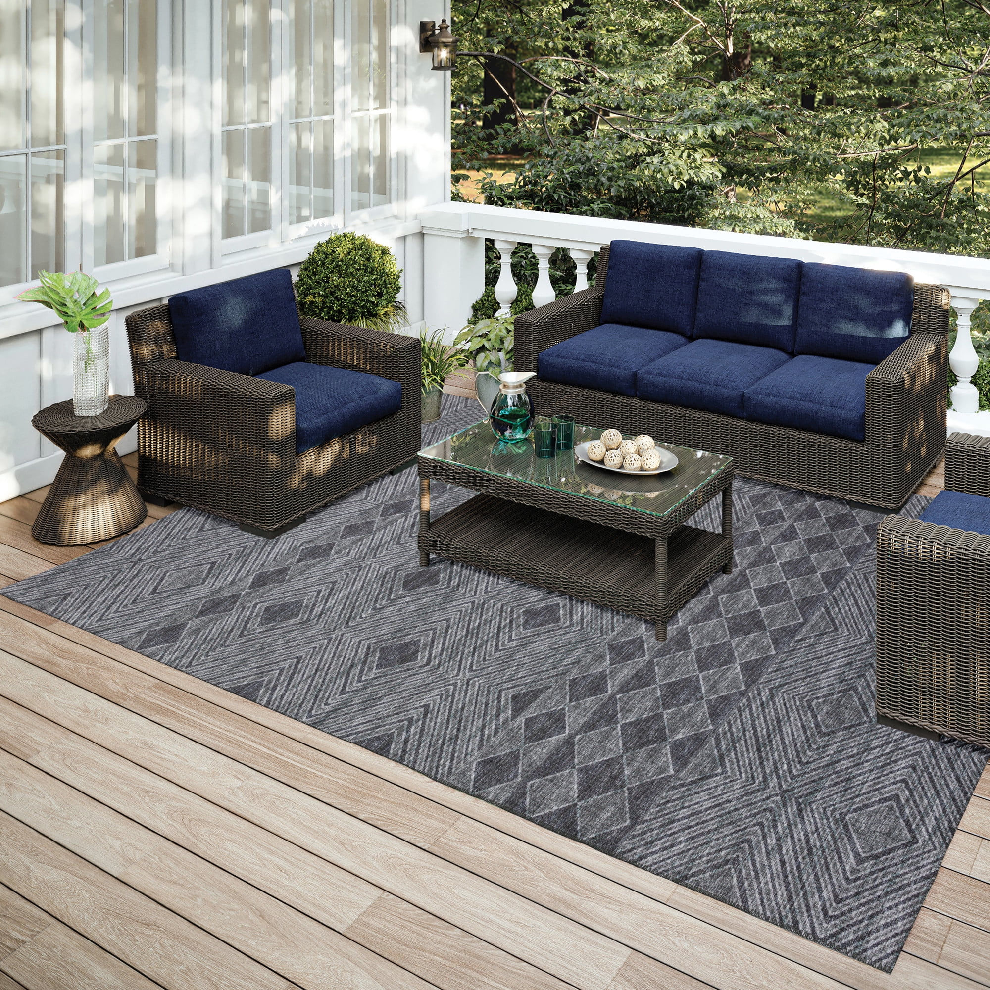 Addison Rugs Indoor/ Outdoor Addison Yuma Geometric Southwest Washable Rug 9' x 12' - Gray