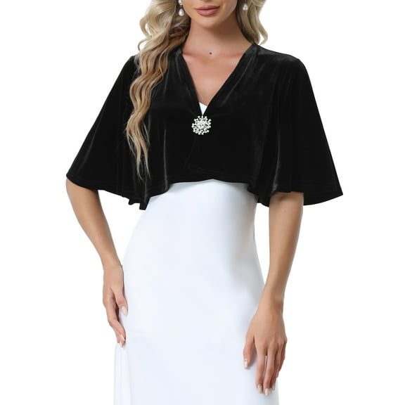 INSPIRE CHIC Velvet Cardigans for Women's Bell Sleeve Solid Open Front Cropped Shrug Bolero Jacket XS Black