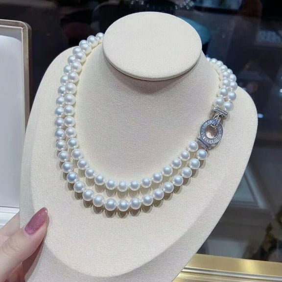 EOEMY Double Strands Aaa  7-8mm Natural Akoya White Pearl Necklace 18 Inch 925S