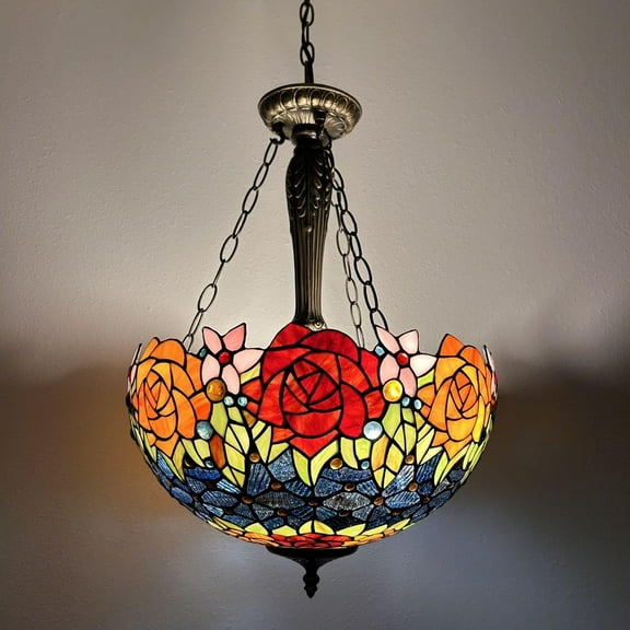 Tiffany Pendant Lights Red Orange Stained Glass Rose Flowers LED Bulbs Included for Dining Room Living Room Bedroom 16"W*16"D*60"H