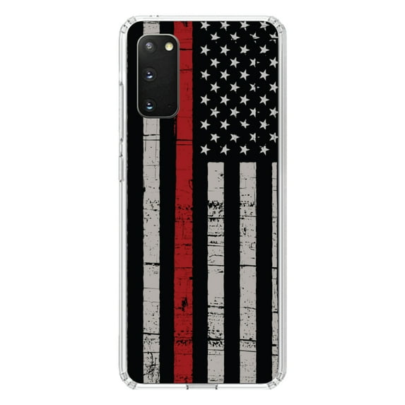 DistinctInk Clear Shockproof Hybrid Case for Galaxy S20 / S20 5G (6.2" Screen) - TPU Bumper, Acrylic Back, Tempered Glass Screen Protector - Weathered Thin Red Line US Flag - First Responders